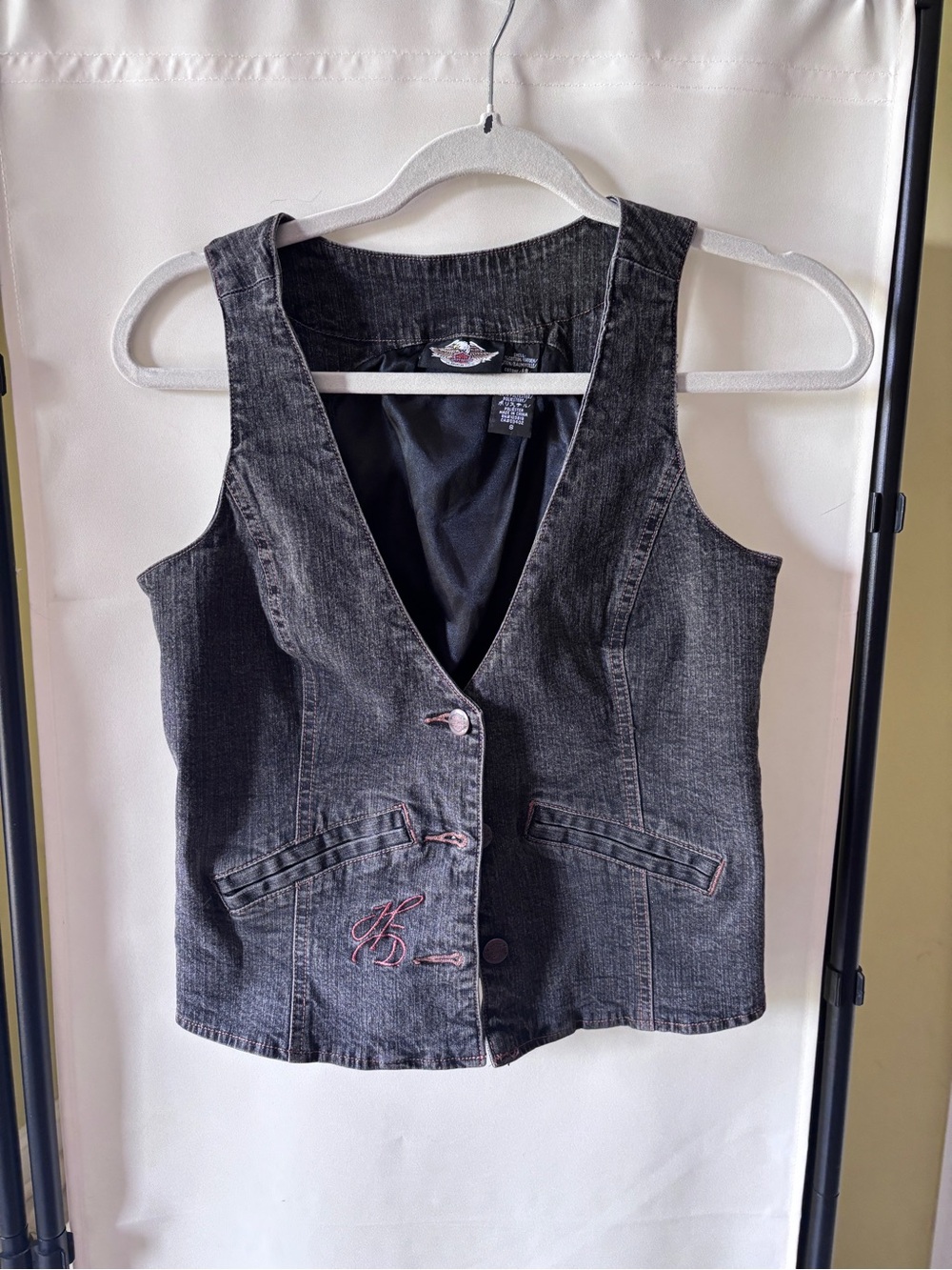 Vintage Harley-Davidson Black Denim Vest with Orange Topstitching